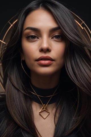 a beautiful female model, a beautiful young woman, with long black hair, her gaze intense as she confronts the camera lens. Her head is encircled by a captivatingarrangement of minimalist geometric shapes - circles, triangles, and squares - that swirl and intertwine around her face, creating a mesmerizing visual rhythm. The monochromatic grey backdrop emphasizes the elegance and simplicity of the shapes, while the woman's vibrant, fashionable outfit adds a touch of contemporary flair. This photograph seamlessly blends the realms of conceptual art and cinematic portrait photography, prompting the viewer to delve into the thought-provoking narrative hidden within this enchanting scene.