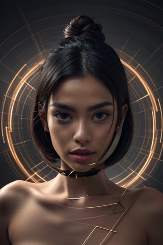 a beautiful female model, a beautiful young woman, with long black hair, her gaze intense as she confronts the camera lens. Her head is encircled by a captivatingarrangement of minimalist geometric shapes - circles, triangles, and squares - that swirl and intertwine around her face, creating a mesmerizing visual rhythm. The monochromatic grey backdrop emphasizes the elegance and simplicity of the shapes, while the woman's vibrant, fashionable outfit adds a touch of contemporary flair. This photograph seamlessly blends the realms of conceptual art and cinematic portrait photography, prompting the viewer to delve into the thought-provoking narrative hidden within this enchanting scene.