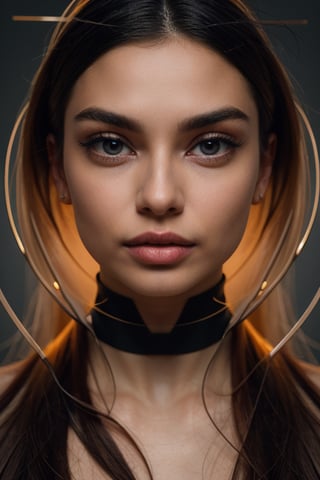 a beautiful female model, a beautiful young woman, with long black hair, her gaze intense as she confronts the camera lens. Her head is encircled by a captivatingarrangement of minimalist geometric shapes - circles, triangles, and squares - that swirl and intertwine around her face, creating a mesmerizing visual rhythm. The monochromatic grey backdrop emphasizes the elegance and simplicity of the shapes, while the woman's vibrant, fashionable outfit adds a touch of contemporary flair. This photograph seamlessly blends the realms of conceptual art and cinematic portrait photography, prompting the viewer to delve into the thought-provoking narrative hidden within this enchanting scene.