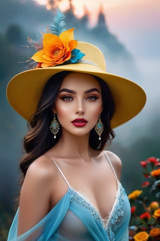 𝗙𝗮𝘀𝗵𝗶𝗼𝗻 ᴀʟʙᴜᴍ, In a world of colors, she wears an elegant hat, A wistful gaze, a touch of mystery, where dreams are at. Her beauty, a stroke of artistry, in every detail and line, A digital masterpiece, a fantasy so divine. Eye contact. Masterpiece. High saturation. Full body portrait, fog in the background