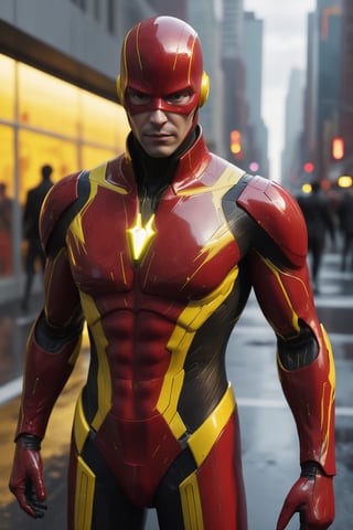 A hyper-realistic and detailed Flash suit rendered in the style of the "Matrix" movie. The suit is made of a sleek, red and yellow material with lightning bolt details and glowing yellow accents. The cowl is sleek and aerodynamic, and the suit is covered in闪电纹. Flash is running through a simulated city, surrounded by people and cars. He is moving at incredible speeds, creating a sonic boom as he passes by. Use physically-based rendering to create realistic lighting and materials.


