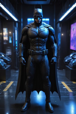 A hyper-realistic and detailed Batman suit rendered in the style of the "Matrix" movie. The suit is made of a black tactical material with glowing blue accents and a bat symbol. The cowl is sleek and aerodynamic, and the suit is equipped with various gadgets and weapons. Batman is standing in a simulated city, surrounded by skyscrapers and neon lights. He is gliding through the air, ready to fight crime. Use physically-based rendering to create realistic lighting and materials.


