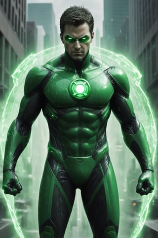 A hyper-realistic and detailed Green Lantern suit rendered in the style of the "Matrix" movie. The suit is made of a sleek, green material with a power ring and glowing green accents. The eyes are large and expressive, and the suit is covered in green energy. Green Lantern is flying through a simulated city, surrounded by digital rain and glitches. He is creating constructs, ready to fight crime. Use particle effects and energy constructs to create a sense of wonder.

