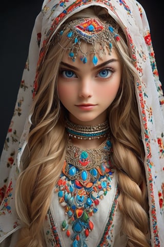 Beautiful Ukrainian girl,18 years old,A happy expression,Beautiful iris with high precision,blue eyes,Turkmenistan Chirpy,(small breasts),(Deep cleavage),(long pure white hair),smooth hair,
Wearing traditional Turkmen wedding costumes intricately embroidered with delicate and beautiful patterns, characterized by bright colors and fine needlework, women wear headscarves and headdresses decorated with jewels and beads, adding elegance to their ensembles, earrings, necklaces, bracelets, and other accessories. accessories, red bottoms, and fur boots,Extremely Realistic,dal