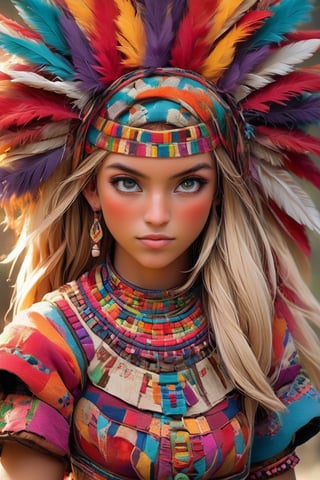 Beautiful girl,18 years old,A happy expression,Beautiful iris with high precision, hazel eyes, Traditional Mayan clothes,(big breasts),((())),(long Blond hair),smooth hair,
Wearing mix of traditional  Mayan and Russian wedding costumes intricately embroidered with delicate and beautiful patterns, characterized by bright colors and fine needlework, women wear headscarves and headdresses decorated with jewels and beads, adding elegance to their ensembles, earrings, necklaces, bracelets, and other accessories. accessories, red bottoms, and fur boots,Extremely Realistic,dal,