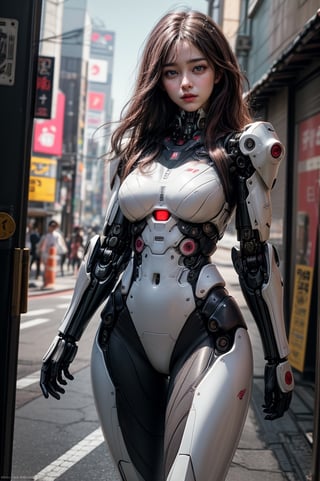 RAW photo, Best picture quality, high resolution, 8k, HDR, highres, (absurdres:1.2), realistic, sharp focus, realistic image of elegant lady, japan beauty, supermodel , Black hair with pink highlights , blue eyes, wearing high-tech cyberpunk style japan mecha suit, Matte carbon color, matte suit, mecha, Material Titanium , perfectly customized high-tech suit, nightwar  theme, custom design, 1 girl, looking at viewer, robot, lens flare, (vibrant color:1.2)