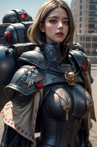 ((Masterpiece, best quality,edgQuality)),solo,1girl,edgAdepta, looking at viewer, short hair, blonde hair, upper body, lips, realistic ,wearing edgAdepta,power armor,shoulder armor,skull emblem ,EDGADEPTA,War40K