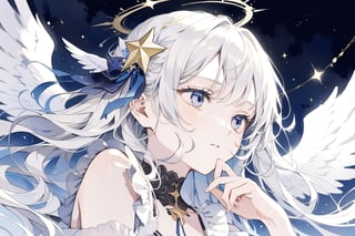 1girl, angel, white hair, long curly hair, two side up,blue eyes, two blue ribbons on her hair, (Double golden halo on her head), choker, angel wings on back, ahoge,Sitting with one hand running through the hair,
portrait, close-up, irezumi ,
masterpiece, best quality, aesthetic,