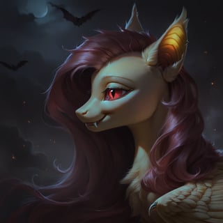 score_9, Flutterbat, pony, fluffy, furry, detailed, beautiful, Expressiveh, realism, smile, dark theme, black fog