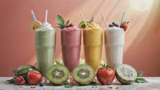 (best quality, 8K, highres, masterpiece) Create a realistic Food photography for advertising, 5 different color smoothies, watermelon, kiwi, banana, apple, strawberries, mix berries, yogurt, mango, pineapple, natural lighting, red pastel backdrop, realistic, short plastic cup