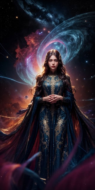 Cosmic Weaver A woman with skin the color of stardust and eyes like distant galaxies, her hands weaving threads of light, creates tapestries of constellations in the heart of a nebula. Her flowing gown, composed of nebulous swirls, reflects the cosmic art she crafts.
 
