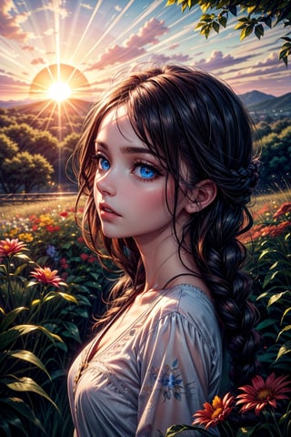 masterpiece, 8k, uhd, face focus, beautiful little girl turning to the horizon, diagonal focus, background landscape, the sun is projected on her face, realistic eyes, blue eyes, high quality photography, long light hair, luminosity, profile angle,photo of perfecteyes eyes, flowers in hair, clarity, luminosity, littel girl in profile, sun in the background illuminates her surroundings, field of flowers, the wind blows her hair, sunset,Nature,Landscape,PhotoReal,Photography,Raw photo,Enhance, side, braided_hair