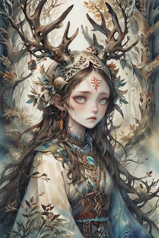 A shaman girl, with a large moose skull on her face, The strange decoration of dead branches, the mysterious and brightly colored Celtic shaman costume, and the girl is surrounded by a mysterious aura.,extremely detailed,watercolor \(medium\)