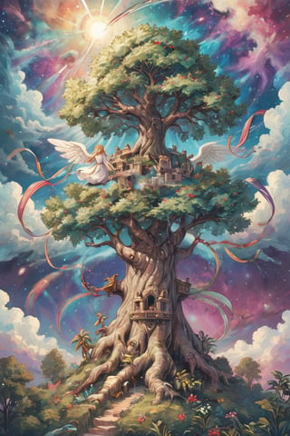 A majestic leafy tree, adorned with vibrant and colorful streamers, stands tall against the serene backdrop of epic galactic skies, where swirling starclouds in hyper-realistic 16K HDR subtly fade into the horizon. Soft, gradient colors gently blend across the frame, showcasing a professional color palette with no harsh contrast. A wide-angel lens captures the intricate details of the tree's leafy branch