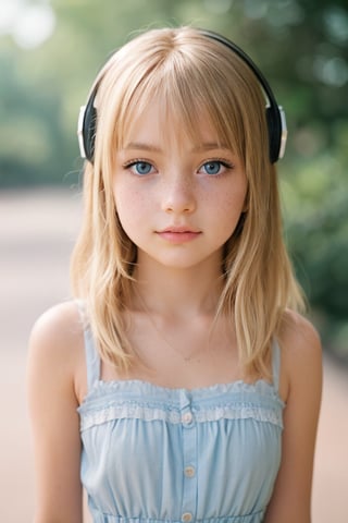 masterpiece portrait, Hyperrealistic, stunning beauty, high detail, cinematic photo Medium format photography, Anime tween girl digital artwork, A tween girl in her 12s, looking at the camera, she has freckles, blue eyes, she has Lush blonde hair,, wearing a mini dress, highly detailed, best quality, 8k uhd, Nikon 70d, ISO200, F/2.8, 1/25sec, 70mm . 35mm photograph, film, bokeh, professional, 4k, highly detailed