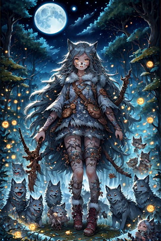 fairy tale, 
Myths from another world, perfect sky, moon and shooting stars, strange forest, trees, old Norse,
A little nordic girl,(wearing a mask with a wolf face),,wolves,
watercolor \(medium\), jewelry, two moaning wolves as pets, Viking girl, the small girl has sheepskin boots, clothing made of skins, weapons made of bones and metal