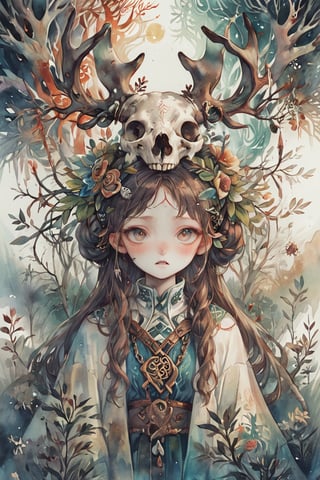 A shaman girl, with a large moose skull on her face, The strange decoration of dead branches, the mysterious and brightly colored Celtic shaman costume, and the girl is surrounded by a mysterious aura.,extremely detailed,watercolor \(medium\)