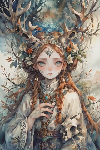 A shaman girl, with a large moose skull on her face, The strange decoration of dead branches, the mysterious and brightly colored Celtic shaman costume, and the girl is surrounded by a mysterious aura.,extremely detailed,watercolor \(medium\)