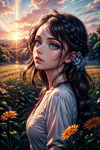 masterpiece, 8k, uhd, face focus, beautiful little girl turning to the horizon, diagonal focus, background landscape, the sun is projected on her face, realistic eyes, blue eyes, high quality photography, long light hair, luminosity, profile angle,photo of perfecteyes eyes, flowers in hair, clarity, luminosity, littel girl in profile, sun in the background illuminates her surroundings, field of flowers, the wind blows her hair, sunset,Nature,Landscape,PhotoReal,Photography,Raw photo,Enhance, side, braided_hair, little girl with nordic features