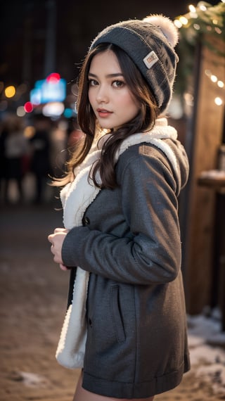 Cute girl with long hair stands confidently in a winter wonderland, wearing a big, fashion-forward coat over a hoodie. Her gaze lifts up towards the sky as snowflakes gently fall around her on a night cityscape. The 4K, ultra HD, RAW photo captures every detail of her beautiful skin and white complexion under the dynamic lights of Christmas decorations. A medium shot from 50mm framing, half-body pose showcases her elegance against the snow-covered backdrop. The warm glow of festival lights enhances the atmosphere, creating a masterpiece of photography.