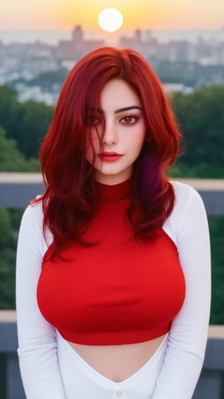 A young Iranian girl, striking with her bright redhead locks, frames the upper body shot against a breathtaking sunset backdrop (1.3). Warm lighting (0.85) casts a cosy atmosphere, as she dons a softcore-inspired makeup look featuring cateyes and rouge. A red neck lace choker adds a pop of color to her slender physique, clad in an oversized knit jumper with a rainbow of hues. The Instagram-style frame captures the vibrant red theme, with sharp focus on the subject's upper body against the warm, dim colors of the setting sun.