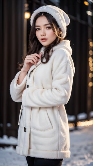 Cute girl with long hair stands confidently in a winter wonderland, wearing a big, fashion-forward coat over a hoodie. Her gaze lifts up towards the sky as snowflakes gently fall around her on a night cityscape. The 4K, ultra HD, RAW photo captures every detail of her beautiful skin and white complexion under the dynamic lights of Christmas decorations. A medium shot from 50mm framing, half-body pose showcases her elegance against the snow-covered backdrop. The warm glow of festival lights enhances the atmosphere, creating a masterpiece of photography.