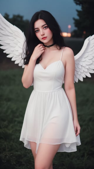 analog photo, a cute girl, black hair, pale skin, White dress, choker, vintage, faded film, film grain, night_sky, big angel wings, angel_halo,halo