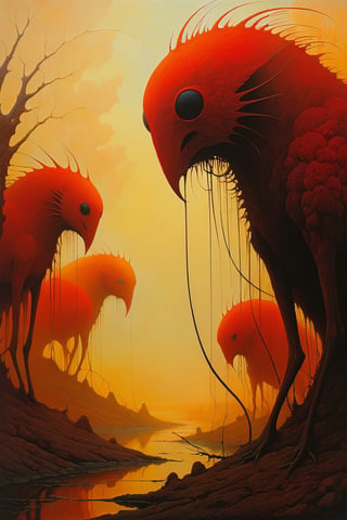 a painting in style of zdzislaw beksinski, reddish and yellowish background, undefined creatures in the foreground