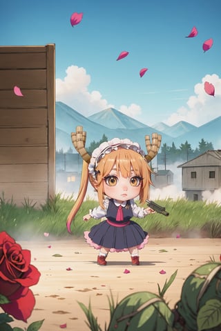 ((chibi)), girl, cute, kawaii, anime, cartoon, full body, manga, illustration, drawing, art, game, battlefield, gun, weapon, equipment, military, army, soldier, pubg, playunknowns_battlegrounds, action, adventure, war, conflict, valentine's day, rose petal.,tohru (maidragon)