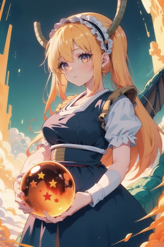 BEST QUALITY, HIGHRES, ABSURDRES, HIGH_RESOLUTION, MASTERPIECE, SUPER DETAIL, HYPER DETAIL, INTRICATE_DETAILS, LIGNE_CLAIRE, PERFECTEYES, DARK EYELASHES, EYELINER, SOFT GLOWING EYES,Black, tohru (maidragon),holding a star dragonball