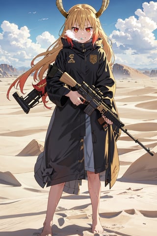 best quality, (masterpiece:1.2), highly detailed,girl holding (	
Assault Rail Rifle 2413-presentA1 65-round detachable AWS SM90 box magazine),(desert), sand,sand background,happy mouth,,1girl,solo,standing,yellow hair,,messy hair,sweat,,outdoors,desert background,,solo,stormy clouds,storm,sandstorm,guns,gun,rifle,(smirk),tohru