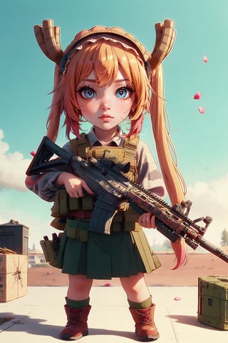 ((chibi)), girl, cute, kawaii, anime, cartoon, full body, manga, illustration, drawing, art, game, battlefield, gun, weapon, equipment, military, army, soldier, pubg, playunknowns_battlegrounds, action, adventure, war, conflict, valentine's day, rose petal.,tohru (maidragon),Holding an assault rifle 