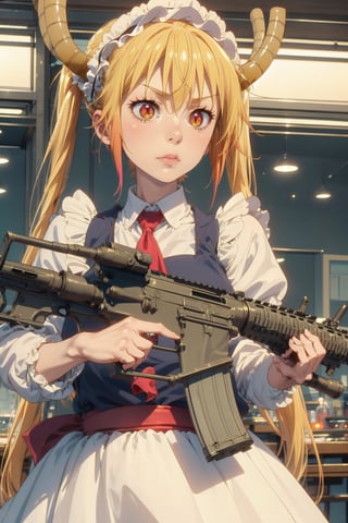 Holding an assault rifle,tohru, blonde hair, horns, Maid dress, 1girl, solo_female,Assault rifle, tohru (maidragon),Ultra details++ 