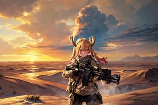 best quality, (masterpiece:1.2), highly detailed,girl holding (m1911 colt beretta glock acp k100 walther ppk luger parabellum 9x19mm handgun fn five-seven cartridge semi-automatic 45 pistol silencer handgrip stock safety trigger:1.1),(desert),sand,sand background,open mouth,,1girl,solo,standing, ,messy hair,sweat,,outdoors,desert background,,solo,stormy clouds,storm,sandstorm,guns,gun,rifle,(smirk), tohru (maidragon)