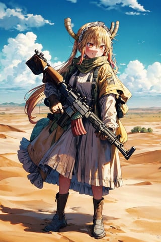 best quality, (masterpiece:1.2), highly detailed,girl holding (m1911 colt beretta glock acp k100 walther ppk luger parabellum 9x19mm handgun fn five-seven cartridge semi-automatic 45 pistol silencer handgrip stock safety trigger:1.1),(desert),sand,sand background,open mouth,,1girl,solo,standing, ,messy hair,sweat,,outdoors,desert background,,solo,stormy clouds,storm,sandstorm,guns,gun,rifle,(smirk), tohru (maidragon)