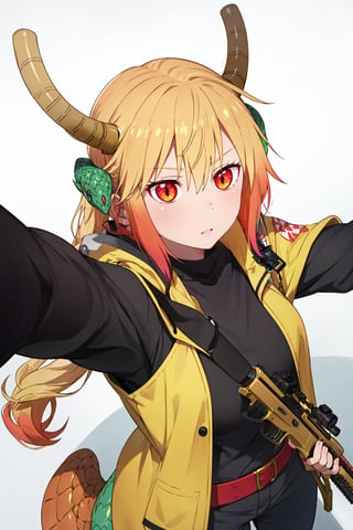 AWP | Dragon Lore (WW),tohru, holding_weapon, sniper, gun, (pointing at a camera), (pov from above)