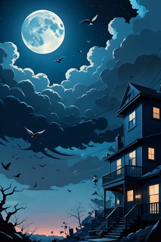 Generate a high quality cinematic image, extreme detail, ultra definition, extreme realism, high quality lighting, 16k UHD, a vector illustration of an image with abstract objects, night, moon clouds, birds, all abstract in blue tones in the style of Keith Negley, Mike Mignola, Jon Klassen.