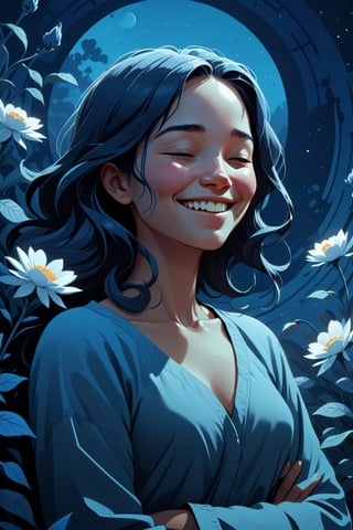 It generates a high-quality cinematic image, extreme detail, ultra definition, extreme realism, high-quality lighting, 16k UHD, a vector illustration of a woman at peace smiling with a hand on her face as if resting in blue tones for a meditation application, lofi style in the style of Keith Negley, Mike Mignola, Jon Klassen. with flowers and abstract elements around