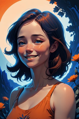 Generate a high quality cinematic image, extreme detail, ultra definition, extreme realism, high quality lighting, 16k UHD, a vector illustration of a woman at peace with a small smile with a hand on her chest as if breathing deep blue and orange tones for a meditation application, lofi style in the style of Keith Negley,  Mike Mignola, Jon Klassen. with flowers and abstract elements around