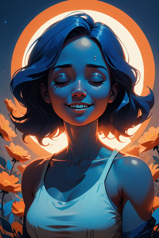 Generate a high quality cinematic image, extreme detail, ultra definition, extreme realism, high quality lighting, 16k UHD, a vector illustration of a woman at peace with a small smile with a hand on her chest as if breathing deep blue and orange tones for a meditation application, lofi style in the style of Keith Negley,  Mike Mignola, Jon Klassen. with flowers and abstract elements around