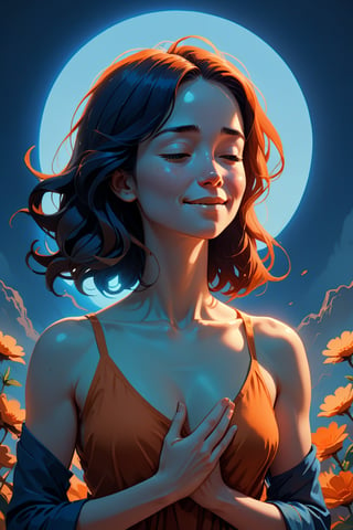 Generate a high quality cinematic image, extreme detail, ultra definition, extreme realism, high quality lighting, 16k UHD, a vector illustration of a woman at peace with a small smile with a hand on her chest as if breathing deep blue and orange tones for a meditation application, lofi style in the style of Keith Negley,  Mike Mignola, Jon Klassen. with flowers and abstract elements around