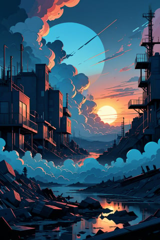 Generate a high quality cinematic image, extreme detail, ultra definition, extreme realism, high quality lighting, 16k UHD, a vector illustration of an image with abstract objects, sunset, clouds, all abstract in blue tones in the style of Keith Negley, Mike Mignola, Jon Klassen.