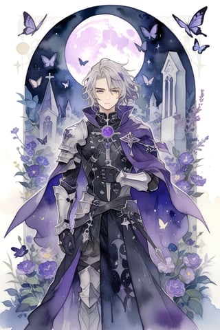 tarot, Dark Paladin, 1 male in his 20's, standing, white hair, medium hair, messy hair, silver armor, purple cape, purple eyes, night, moon, graveyard, purple flowers in graveyard, purple_magic_butterflies, aesthetic, watercolor \(medium\),extremely detailed