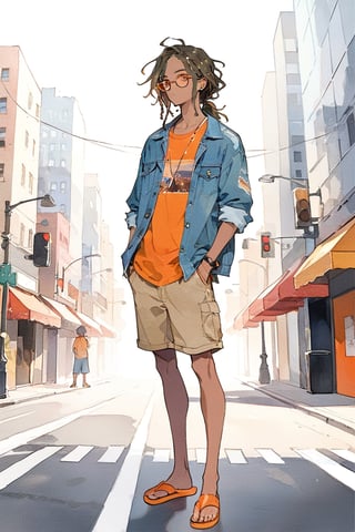 solo_male, brown skin, khaki shorts, long dreads, orange shirt, orange flipflops, orange hipster glasses, blue jean jacket, earbuds in, city background, standing in street, full_body, aesthetic, masterpiece, best quality, AissistXLv2