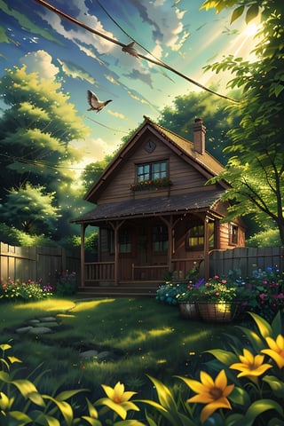 A sunny summer afternoon, a verdant garden in focus, with a wooden fence and lush greenery. A power line stretches across the top of the frame, supporting multiple wire baskets where a chattering sparrow perches, its tiny feet gripping the wires as it takes flight, sunlight casting a warm glow on its feathers.