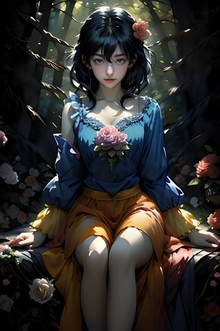 Snow White stands confidently in a serene forest setting, eyes closed as if savoring the peaceful atmosphere. Her short black hair is styled with bangs framing her face. She wears a blue shirt with puffy sleeves and a yellow skirt that falls just above her knees. Her legs are long and slender, ending in high heels adorned with cute little animals. A pink bow headband sits atop her head, tied neatly around her forehead. A rose blooms at her feet as she holds a basket filled with flowers. Her short sleeves reveal toned arms, and her shirt showcases a subtle rise of cleavage. Soft makeup enhances her features, and her gradient lips curve into a gentle smile. The ambient light casts a warm glow over the scene, highlighting her perfect skin and detailed fingers.