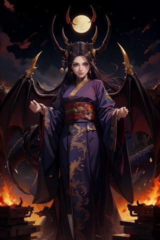 1girl, long hair, black hair, hair accessories, standing, Japanese clothing, multiple boys, wings, horns, red sky, clouds, gorgeous purple Hanfu with gold edges, moon, fire, claws, dragon, dragon tail, scales, Giant, architecture, East Asian architecture Forbidden City, Eastern Dragon, Empress Dowager Cixi, purple eyes, a night pearl on the palm surrounded by a purple flame, many gold jewelry on the body, long jade fake nails,nodf_lora,清朝