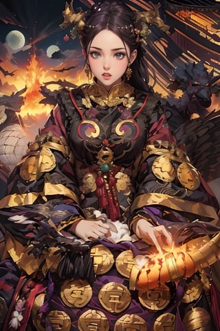 1girl, long hair, black hair, hair accessories, standing, Japanese clothing, multiple boys, wings, horns, red sky, clouds, gorgeous purple Hanfu with gold edges, moon, fire, claws, dragon, dragon tail, scales, Giant, architecture, East Asian architecture Forbidden City, Eastern Dragon, Empress Dowager Cixi, purple eyes, a night pearl on the palm surrounded by a purple flame, many gold jewelry on the body, long jade fake nails,nodf_lora,清朝