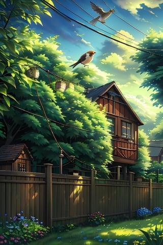 A sunny summer afternoon, a verdant garden in focus, with a wooden fence and lush greenery. A power line stretches across the top of the frame, supporting multiple wire baskets where a chattering sparrow perches, its tiny feet gripping the wires as it takes flight, sunlight casting a warm glow on its feathers.