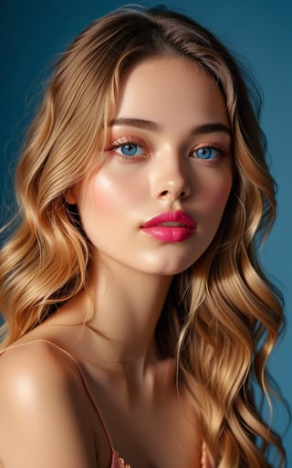 Create a realistic photo of stunning young woman sits in a warm, golden-lit studio against a soft, creamy backdrop, her smooth complexion radiating health and beauty. Her long locks cascade down her back, framing her heart-shaped face and catching the light with subtle highlights. A slender neck stretches elegantly, complemented by a chiseled jawline that adds definition to her features. Her large, expressive eyes, a bright shade of blue, convey a sense of vulnerability and charm, drawing the viewer in. Her plump lips, a natural pink hue, curve into a inviting pout, as she gazes directly at the camera with an air of quiet confidence.